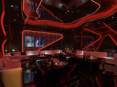 Luxurious Modern KTV Interior with Red Lighting Sofas Bar Counter and TV Screen 3d model