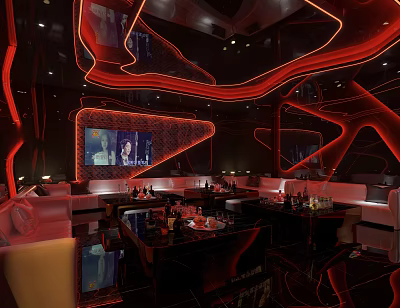Luxurious Modern KTV Interior with Red Lighting Sofas Bar Counter and TV Screen 3d model