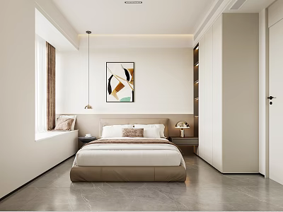 Modern Bedroom Interior Design With Comfortable Bed Wall Art And Built In Wardrobe 3d model