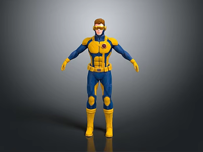3D Superhero Model In Blue And Yellow Costume With Chest Emblem Standing Pose 3d model