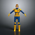 3D Superhero Model In Blue And Yellow Costume With Chest Emblem Standing Pose