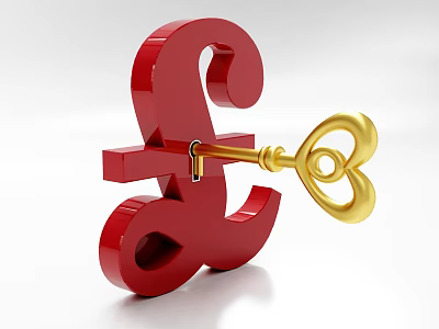 Red Pound Symbol With Golden Key Inserted In 3D Rendered Design 3d model