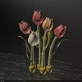 Colorful Tulip Ornaments Photo Spot With Pink Red Yellow White On Marble Countertop Black Background