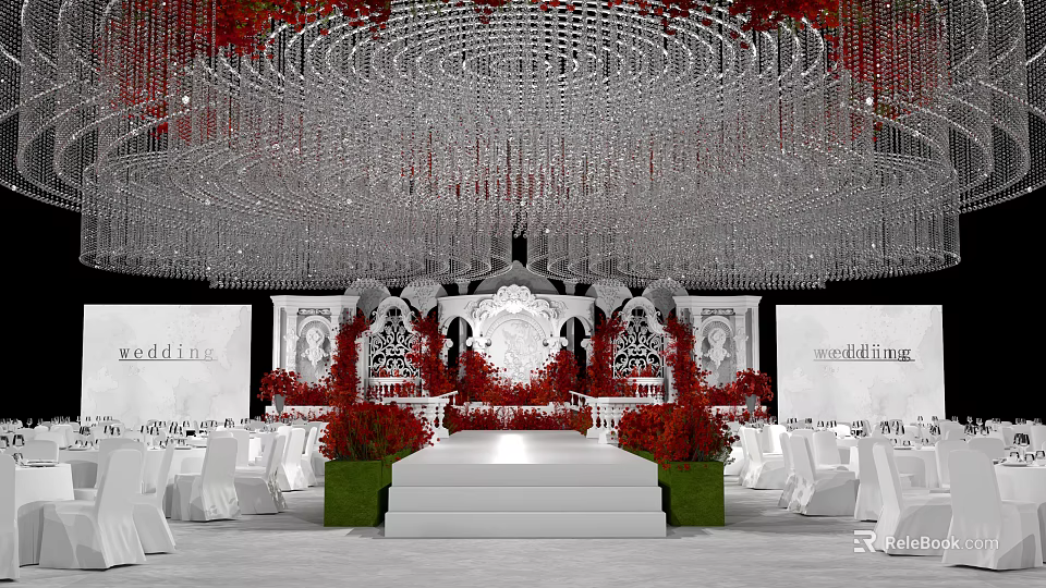 Elegant Wedding Banquet Hall With Crystal Chandelier Red Floral Decorations White Stage And White Chairs 3d model 