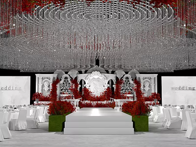 Elegant Wedding Banquet Hall With Crystal Chandelier Red Floral Decorations White Stage And White Chairs 3d model