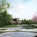 Scenic Urban Park Landscape With Cherry Trees Green Lawns Curved Paths And White Buildings