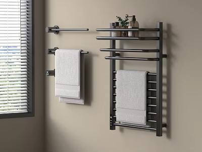 Wall Mounted Bathroom Accessories With Towel Racks Hanging Towels Toiletries And Small Plants 3d model