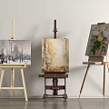 Three Different Wooden Easels Displaying Scenic Abstract Floral Paintings In Art Studio