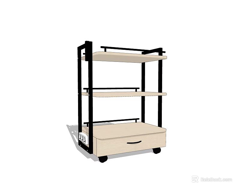 Multi Tier Mobile Utility Cart With Wooden Shelves Drawer And Rolling Wheels 3d model 