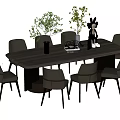 Modern Dining Table Set with Six Upholstered Chairs Wooden Legs and Decorative Green Plants
