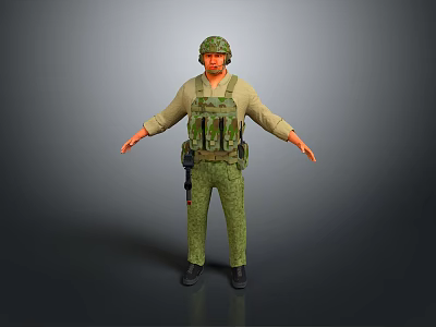 Woman in Camouflage Military Uniform With Helmet And Tactical Vest Standing Against Gray Background 3d model