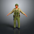 Woman in Camouflage Military Uniform With Helmet And Tactical Vest Standing Against Gray Background