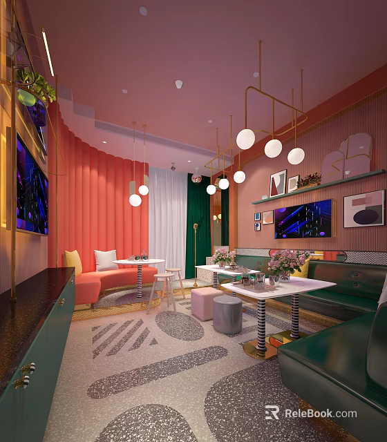 Modern KTV Interior With Red Green Sofas Hanging Lights TV Screens And Decorative Tables 3d model 