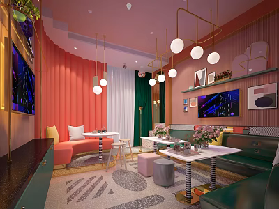 Modern KTV Interior With Red Green Sofas Hanging Lights TV Screens And Decorative Tables 3d model