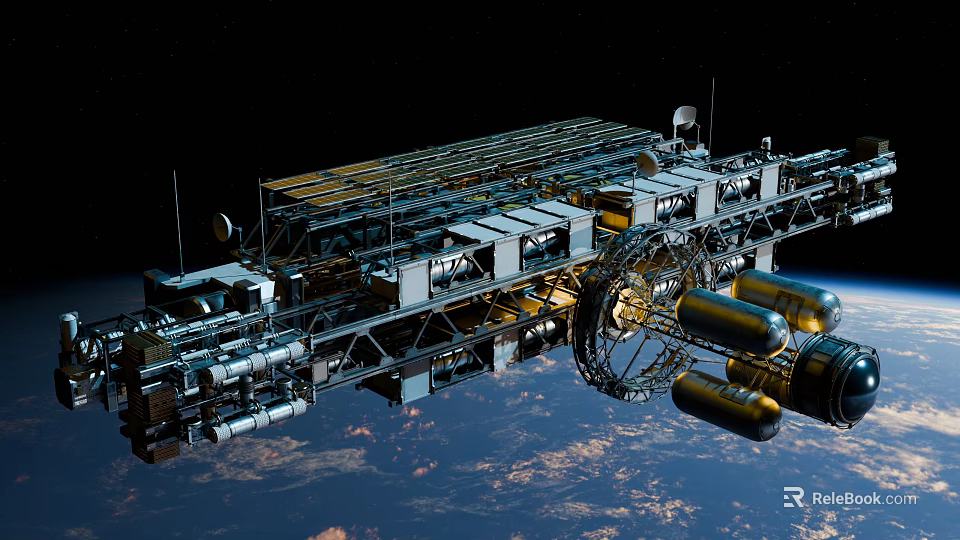 Space Station Mechanical Structure Orbiting Earth With Solar Panels And Modules 3d model 