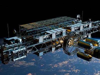 Space Station Mechanical Structure Orbiting Earth With Solar Panels And Modules 3d model