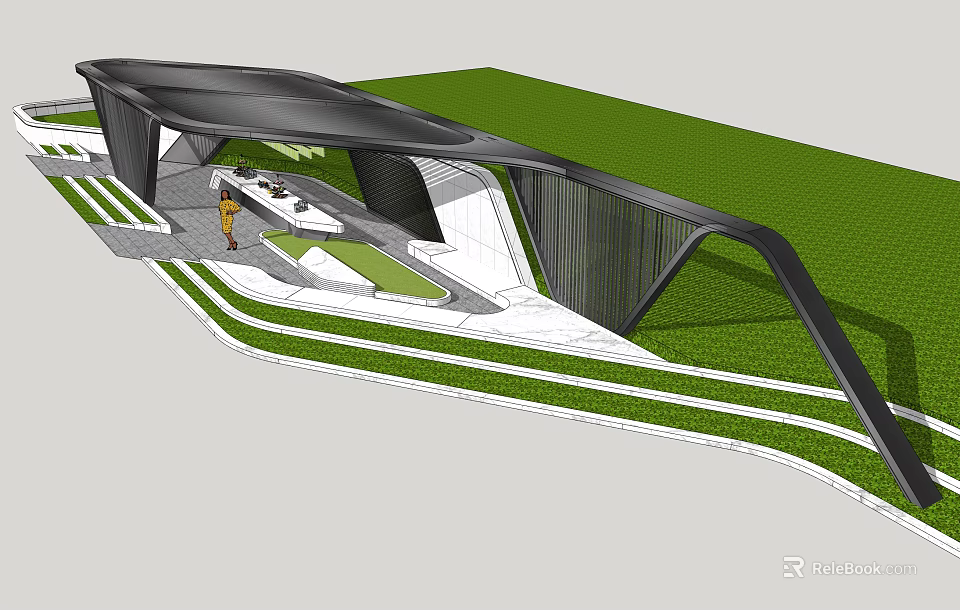 Modern Curved Pergola Design With Green Lawn Pathway And Seating Area 3d model 