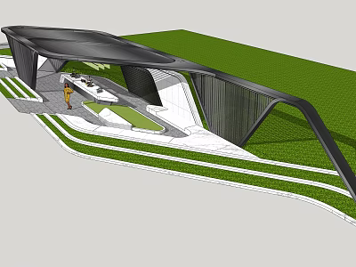 Modern Curved Pergola Design With Green Lawn Pathway And Seating Area 3d model
