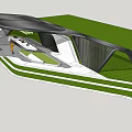 Modern Curved Pergola Design With Green Lawn Pathway And Seating Area