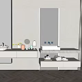 Modern Bathroom Vanity With White Countertop Large Mirror Storage Shelves And Decorative Items