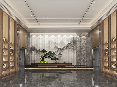 Storefront Reception Interior With Wooden Walls Marble Decor Landscape Painting Green Plant And Display Shelves 3d model