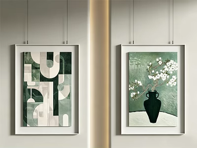 Modern Oil Paintings With Abstract Geometric And Floral Black Vase Designs Hanging On Wall 3d model
