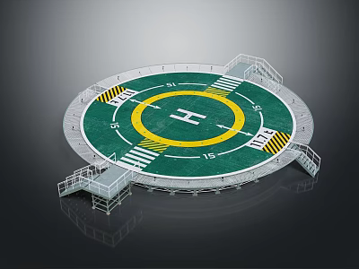 Circular Helicopter Landing Pad With Green Surface Yellow H Marking And White Stairs 3d model