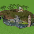 Scenic Natural Landscape With Lush Green Grass Small Hill Stone Staircase And Trees