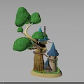 Treehouse Structure With Green Leafy Canopy Blue Pointed Roofs And Tree Trunk Base