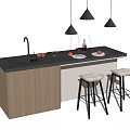 Modern Bar Counter Interior With Black Countertop Wooden Cabinets Pendant Lights And Bar Stools