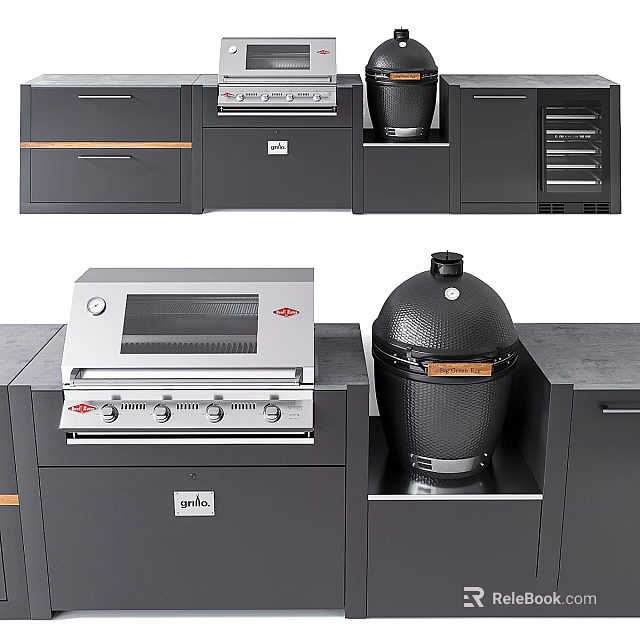 Outdoor Kitchen Appliances With Silver Grill Black Round Oven Black Cabinets And Gray Drawers 3d model 