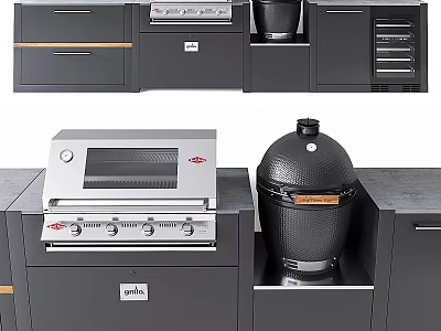 Outdoor Kitchen Appliances With Silver Grill Black Round Oven Black Cabinets And Gray Drawers 3d model