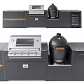 Outdoor Kitchen Appliances With Silver Grill Black Round Oven Black Cabinets And Gray Drawers