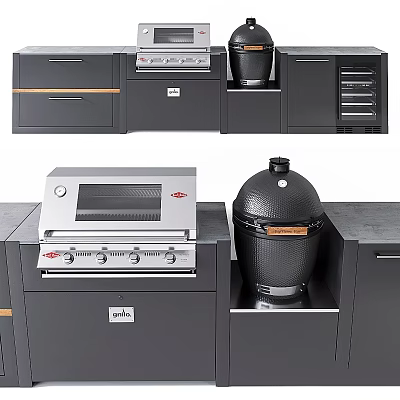 Outdoor Kitchen Appliances With Silver Grill Black Round Oven Black Cabinets And Gray Drawers 3d model