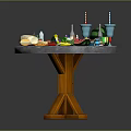 Round Wooden Table With Fresh Fruits Colorful Drinks And Various Food Items