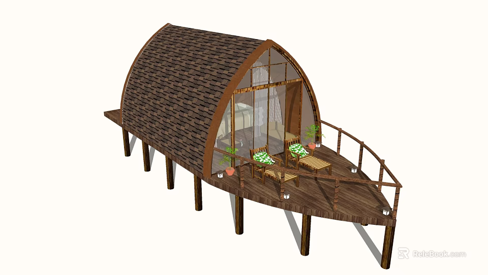 Wooden Stilted Hut With Arched Roof Glass Windows Balcony Chairs And Plants 3d model 
