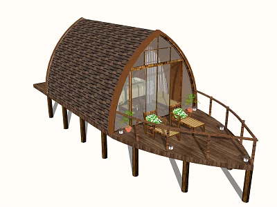 Wooden Stilted Hut With Arched Roof Glass Windows Balcony Chairs And Plants 3d model