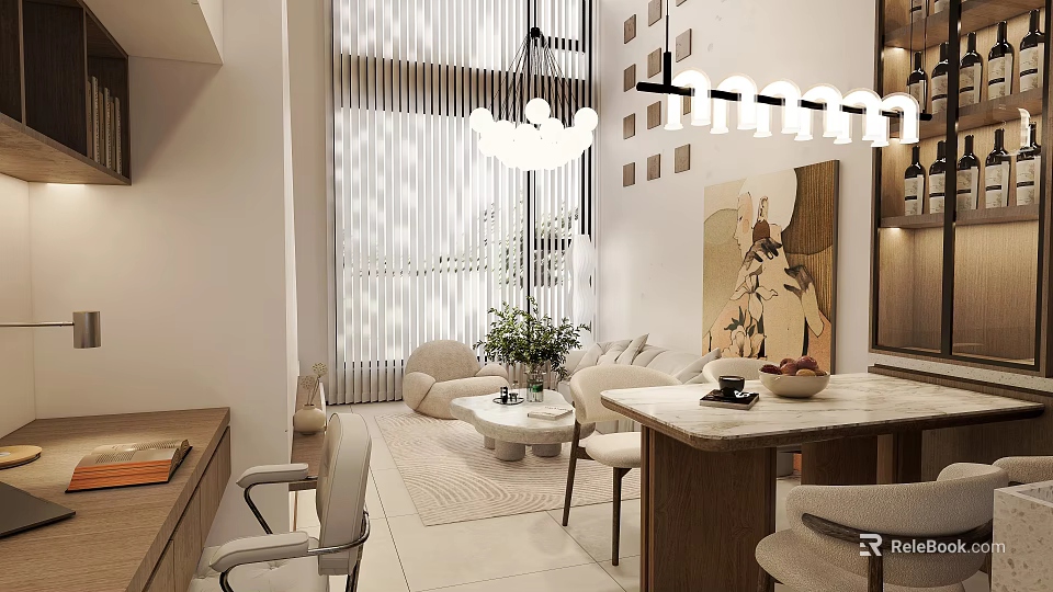 Modern Apartment Living Room Interior With Sofa Coffee Table Plant Window Curtains And Chandelier 3d model 