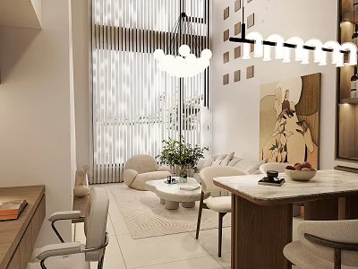 Modern Apartment Living Room Interior With Sofa Coffee Table Plant Window Curtains And Chandelier 3d model