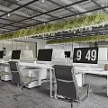 Modern Open Layout Public Office Space With Multiple Desks Computer Monitors And Hanging Greenery 3d model