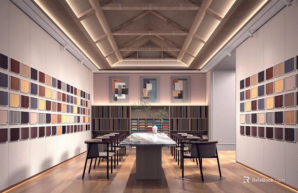 Spacious Showroom With Color Panels On Walls Central Long Table Chairs And Wooden Ceiling Lighting 3d model 