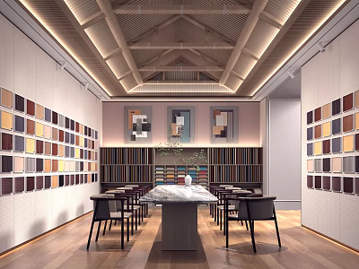 Spacious Showroom With Color Panels On Walls Central Long Table Chairs And Wooden Ceiling Lighting 3d model