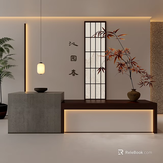 Japanese Style Reception Desk With Concrete Top Wooden Cabinet Lattice Screen And Bamboo Plant 3d model 
