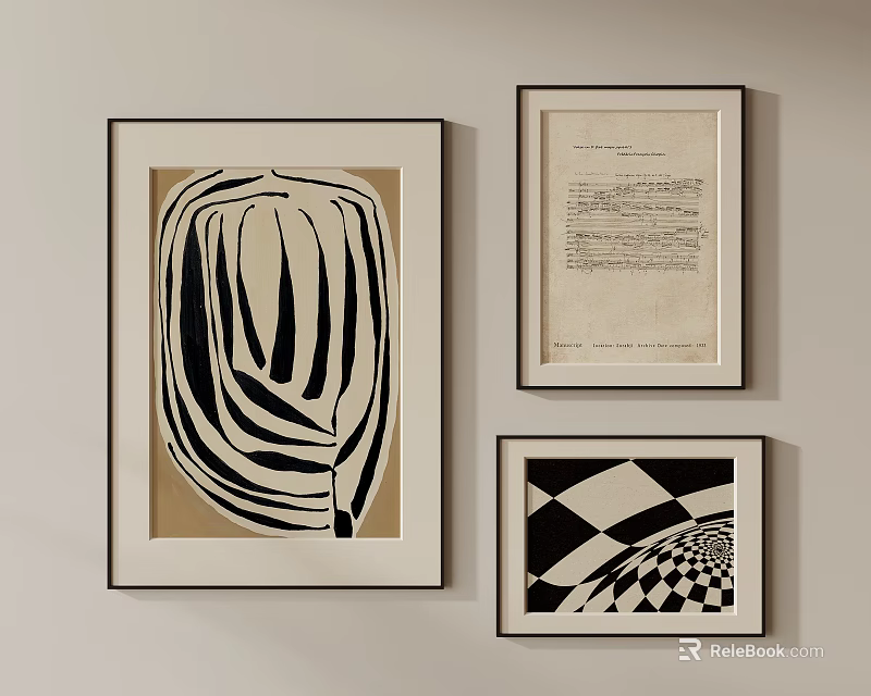 Black And White Wall Art Set With Abstract Paintings And Framed Prints 3d model 