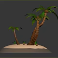 3D Rendered Small Island With Palm Trees And Small Plants On Gray Background