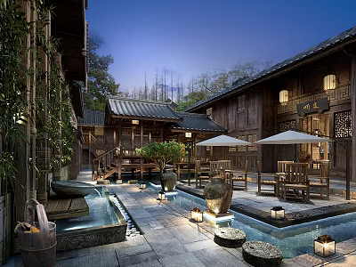 Traditional Wooden Boutique Guesthouse Courtyard With Pool Lanterns And Outdoor Seating 3d model
