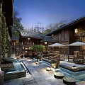 Traditional Wooden Boutique Guesthouse Courtyard With Pool Lanterns And Outdoor Seating