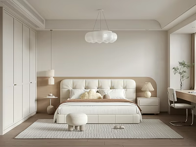 Elegant Modern Bedroom Interior With Soft Headboard Nightstand Lamp Wardrobe Desk And Chair 3d model