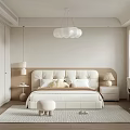 Elegant Modern Bedroom Interior With Soft Headboard Nightstand Lamp Wardrobe Desk And Chair