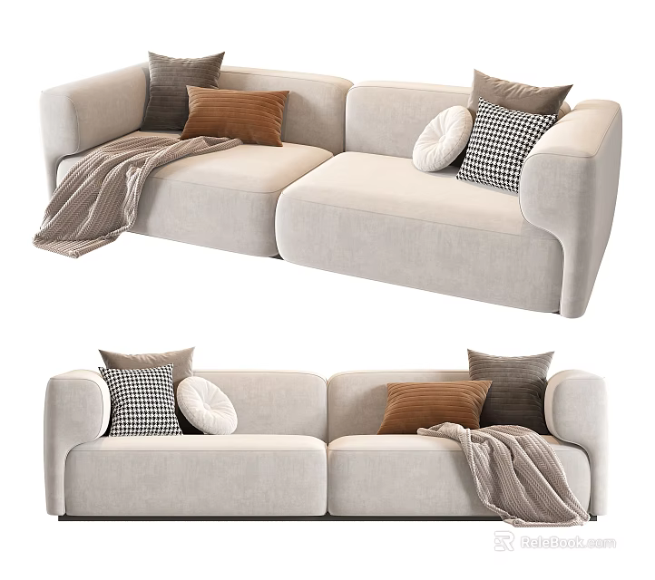 Beige Two-Seater Sofa Interior With Soft Fabric Mixed Pattern Pillows And Throw Blanket 3d model 